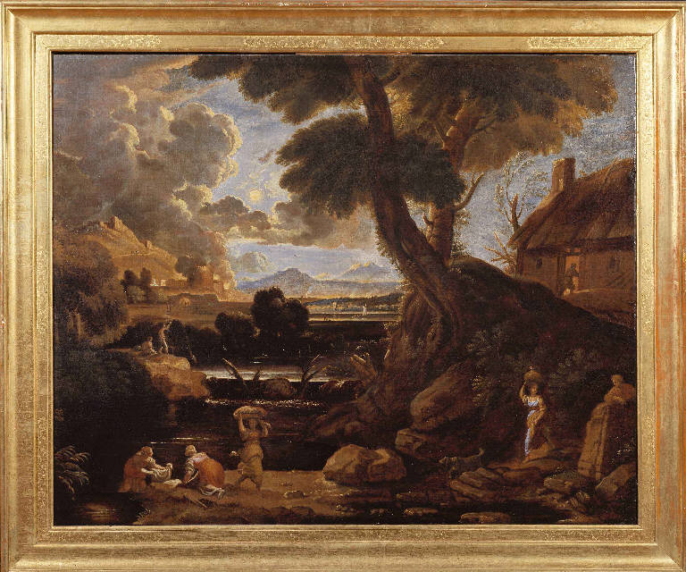 Paesaggio con lavandaie (dipinto) di Raineri, Faustino; Savanni, Francesco (maniera; attribuzione) (metà sec. XVIII)