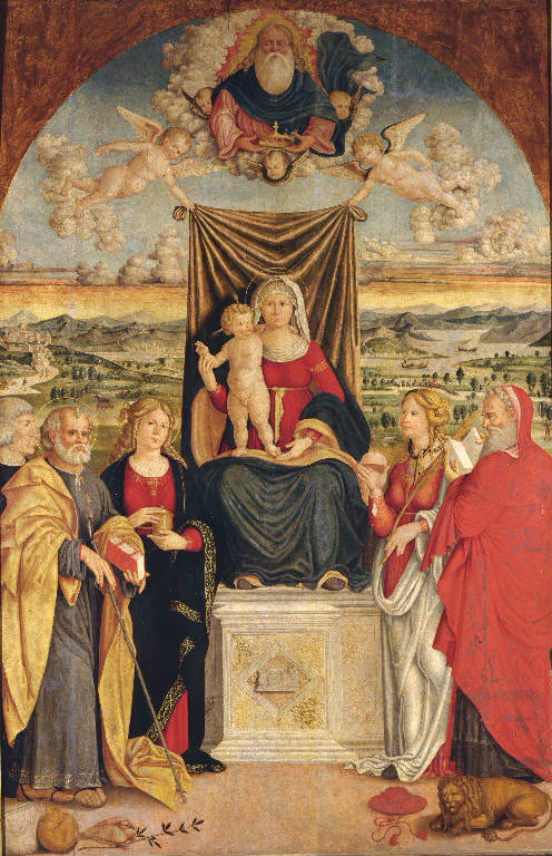 Madonna con Bambino in trono e Santi (dipinto) di Gavazzi Giacomo (sec. XVI)