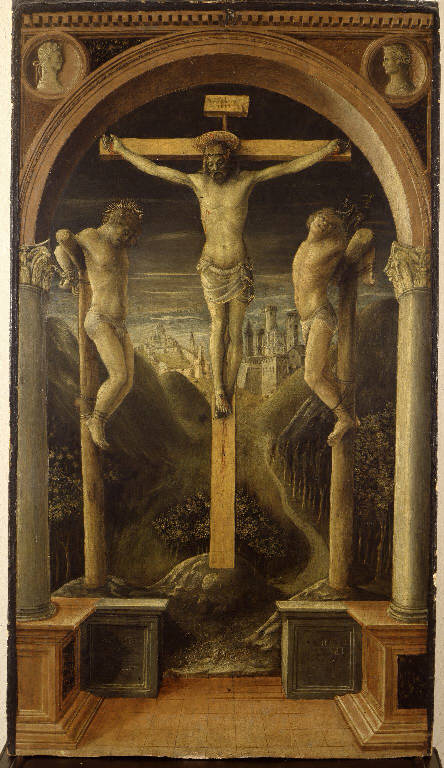 I Tre Crocifissi, Cristo crocifisso tra i due ladroni (dipinto) di Foppa Vincenzo (sec. XV)