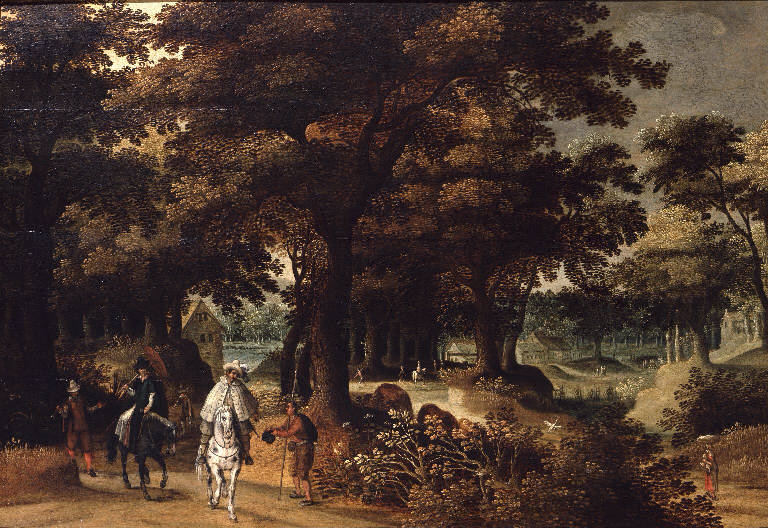 Il conte Luca de' Vecchi a cavallo, Paesaggio con alberi e cavalieri (dipinto) di Vinckeboons David (e aiuti) (sec. XVII)