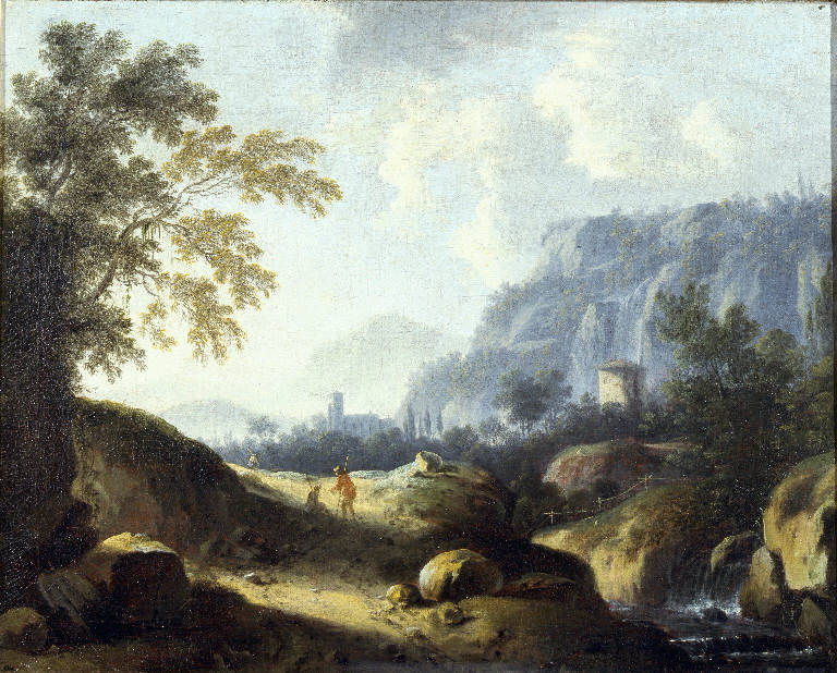 Paesaggio rupestre con viandanti (dipinto) di Sanz Bernard Lucas (sec. XVIII)