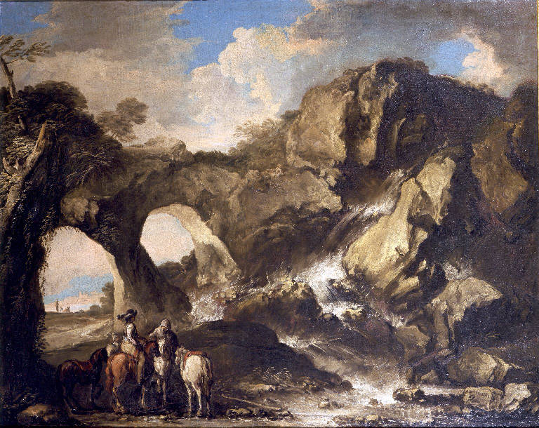 Paesaggio rupestre con cavalieri (dipinto) di Marini Antonio (sec. XVIII)