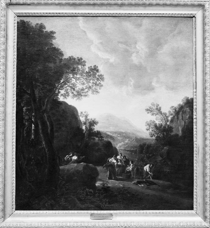 Paesaggio con Mosè salvato dalle acque (dipinto) - ambito romano (sec. XVII)