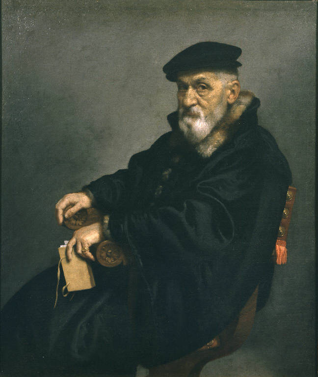 Ritratto di vecchio seduto con libro (dipinto) di Moroni Giovan Battista (sec. XVI)