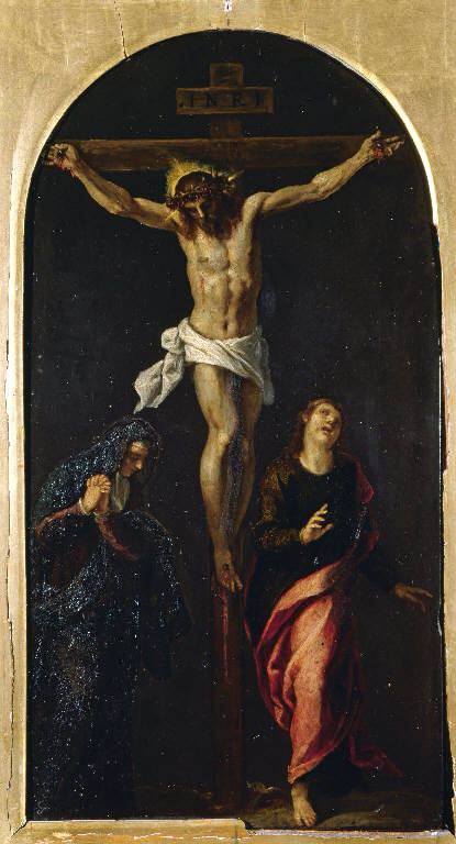 Crocifissione di Cristo con la Madonna e San Giovanni Evangelista (dipinto) di Negretti Jacopo detto Palma il Giovane (secc. XVI/ XVII)