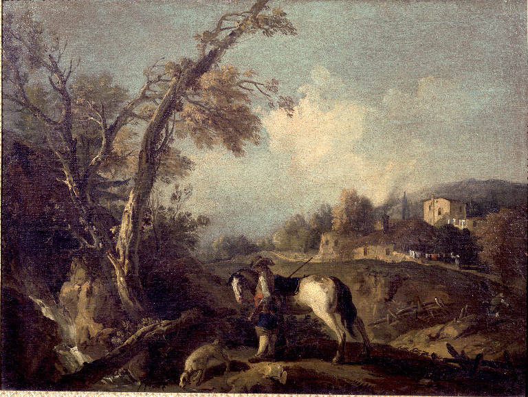 Paesaggio con cacciatore e borgo (dipinto) di Zais Giuseppe (sec. XVIII)