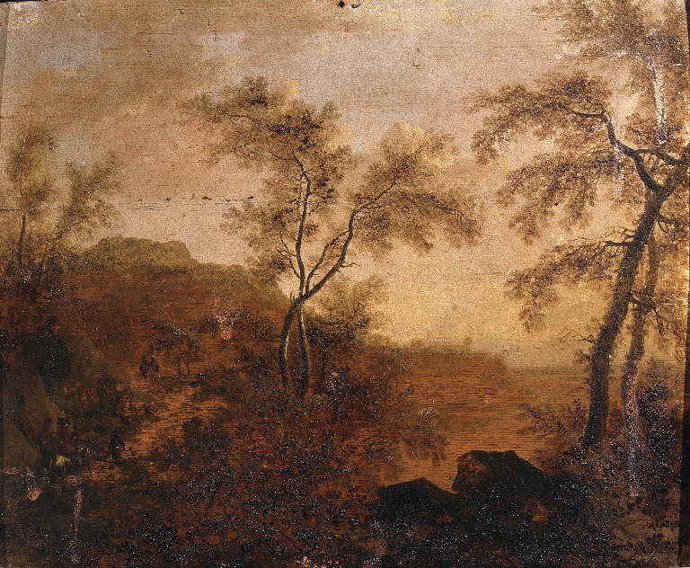 Paesaggio con alberi e figure (dipinto) di Moucheron, Frederick de (sec. XVII)