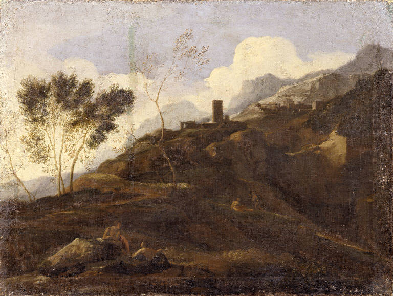 Paesaggio rupestre con figure (dipinto) - ambito romano (sec. XVII)