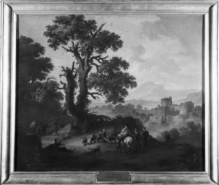 Paesaggio con quercia e viandanti in riposo (dipinto) - ambito piemontese (sec. XVIII)