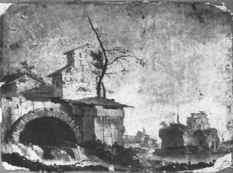 Paesaggio fluviale con ponte e rovine (dipinto) di Porri Giuseppe (terzo quarto sec. XVIII)