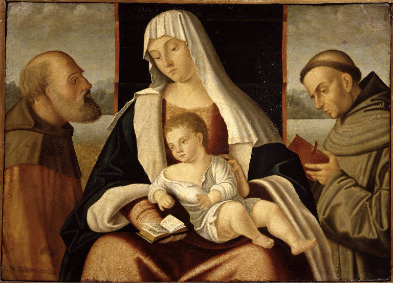 Madonna con Bambino in trono con San Giuseppe e San Francesco d'Assisi (dipinto) di Carpaccio, Benedetto (attribuito) (sec. XVI)