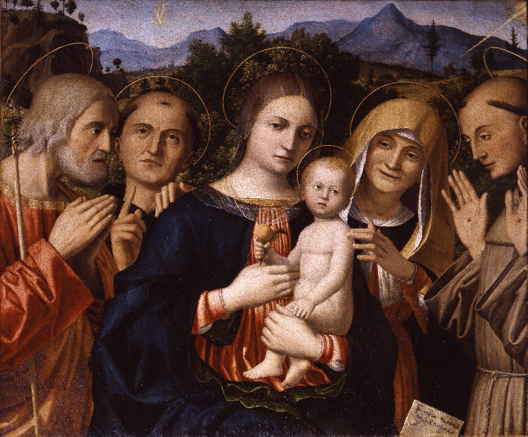 Madonna con Bambino tra San Giuseppe, Sant'Antonio da Padova, Sant'Anna e San Francesco d'Assisi (dipinto) di Morone Francesco (sec. XVI)
