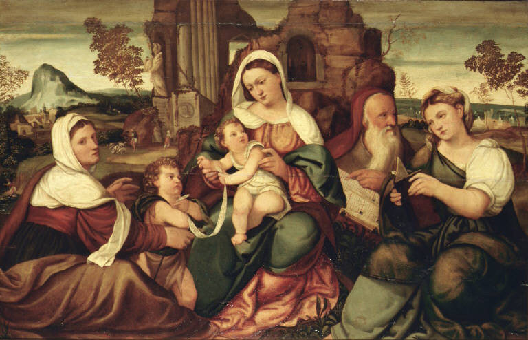Madonna con Gesù Bambino San Giovanni Battista bambino e Santi (dipinto) di Pitati Bonifacio de' detto Bonifacio Veronese (cerchia) (sec. XVI)