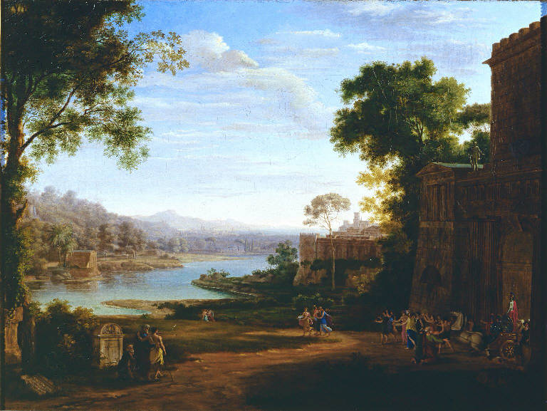Paesaggio fluviale con scena storica (dipinto) di Benaglio Pietro (sec. XIX)