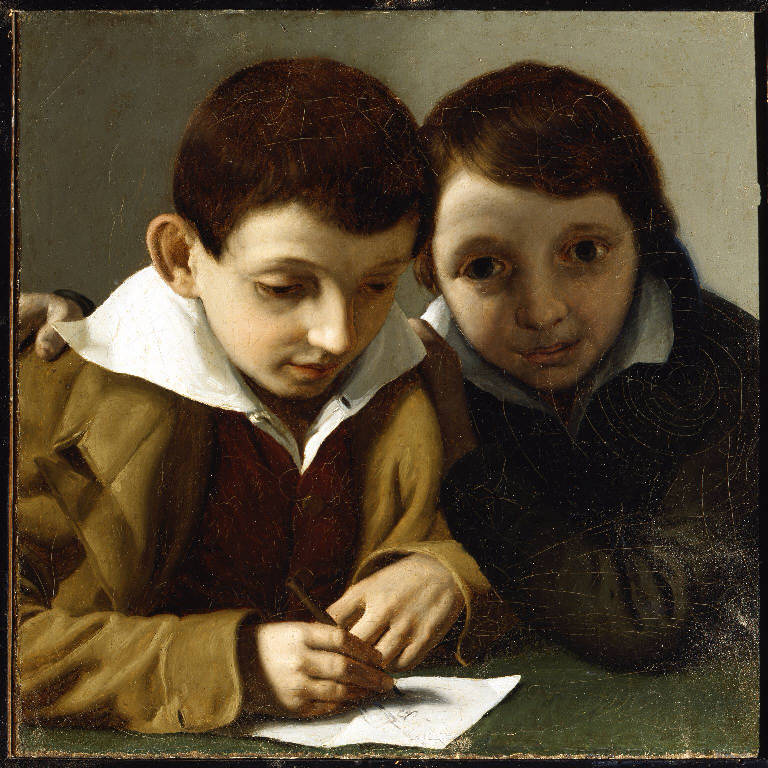 Due fanciulli che disegnano (dipinto) di Trécourt Giacomo (sec. XIX)