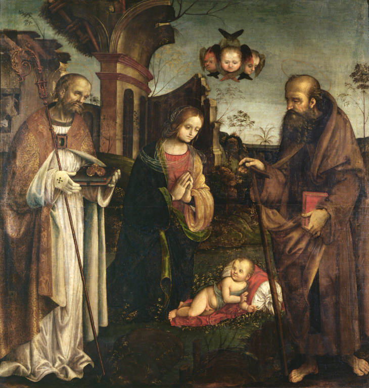Madonna con Bambino tra San Nicola di Bari e Sant'Antonio Abate (dipinto) di Chiodarolo Giovanni Maria (sec. XVI)