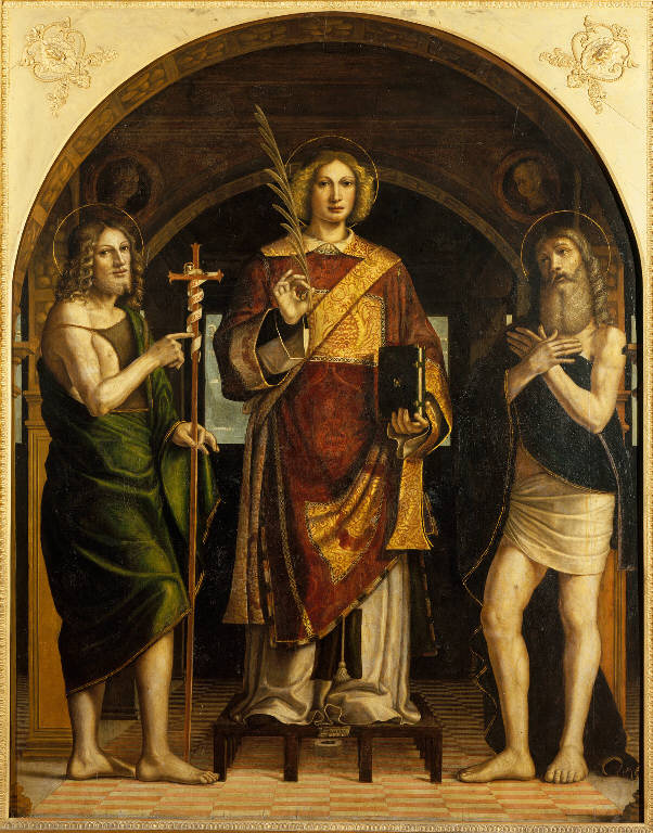 San Lorenzo tra San Giovanni Battista e San Barnaba di Cipro (dipinto) di Boselli, Antonio (sec. XVI)