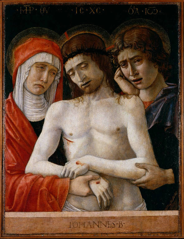 Cristo in pietà tra la Madonna e San Giovanni Evangelista (dipinto) di Bellini Giovanni detto Giambellino (sec. XV)