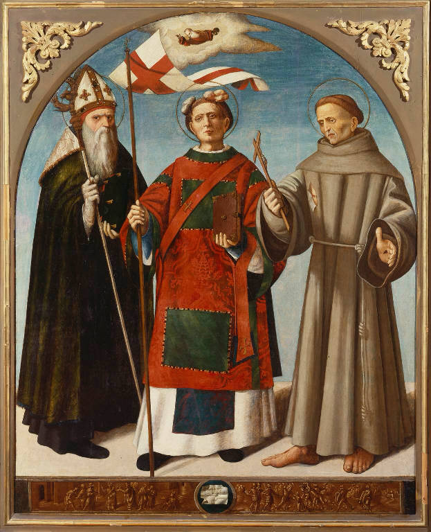 Santo Stefano tra San Biagio e San Francesco d'Assisi (dipinto) di Rivelli Galeazzo detto Della Barba (sec. XVI)