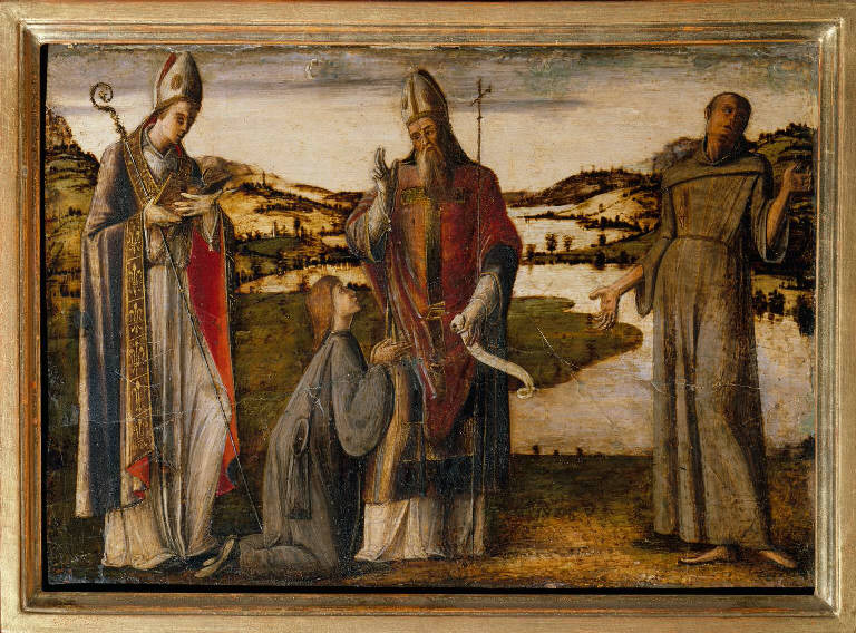 Santo vescovo tra San Ludovido da Tolosa e San Francesco d'Assisi con devoto (dipinto) di Vivarini Alvise (sec. XV)