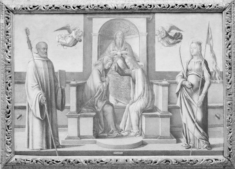 Trinità e Santi, Incoronazione di Maria Vergine tra San Bernardo e Sant'Orsola (dipinto) di Bastiani Lazzaro (sec. XV)