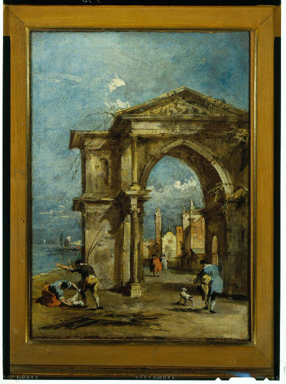 Arco con macchiette, Architettura classica con figure (dipinto) di Guardi Francesco (sec. XVIII)