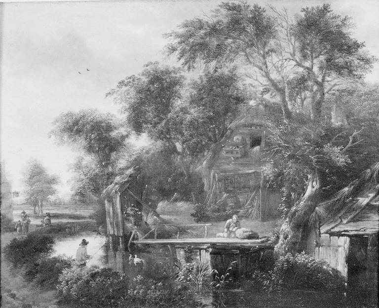 Paesaggio con canale e capanne (dipinto) di Decker Cornelis Gerritsz (maniera) (sec. XVII)