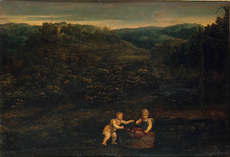 Paesaggio campestre con fanciulli e canestro d'uva (dipinto) di Bordone Paris (sec. XVI)