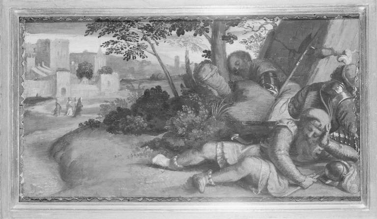 Soldati dormienti davanti al sepolcro vuoto di Cristo (scomparto di predella) di Girolamo di Romano detto Romanino (sec. XVI)