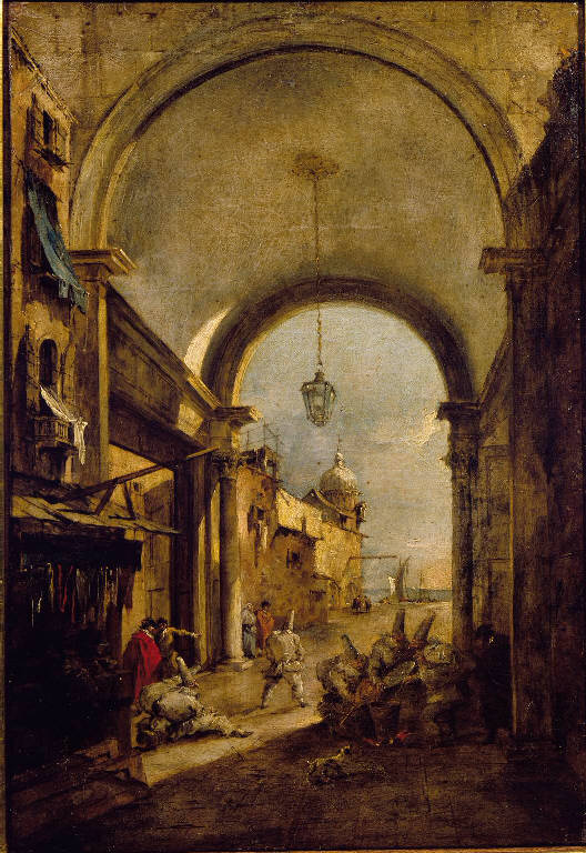 Veduta con architetture e gruppo di pulcinella (dipinto) di Guardi Francesco (sec. XVIII)
