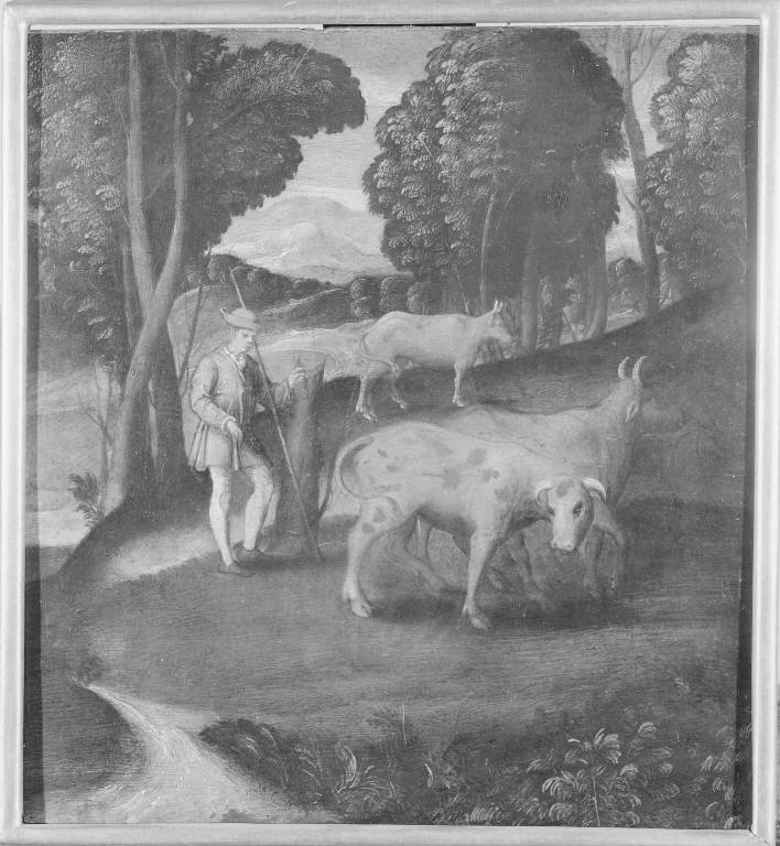 Paesaggio con pastore e mandria (dipinto) di Galizzi Gerolamo detto Gerolamo da Santacroce (attribuito) (sec. XVI)
