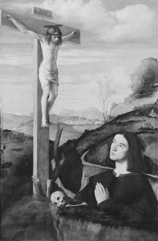 Cristo crocifisso con devoto (dipinto) di Vittore di Matteo detto Vittore Belliniano (sec. XVI)