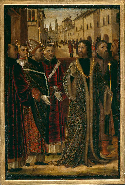 Sant'Ambrogio e l'imperatore Teodosio (scomparto di polittico) di Ambrogio da Fossano detto Bergognone (sec. XV)