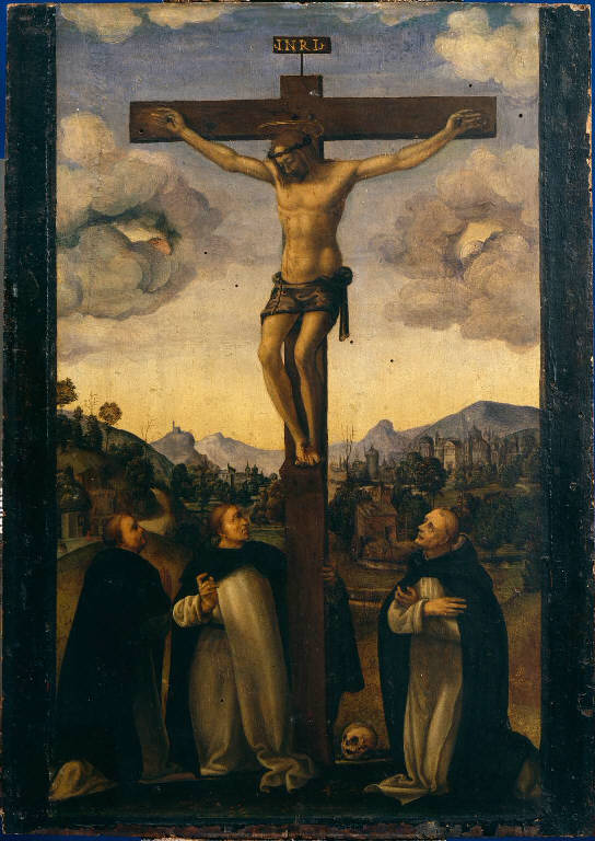 Cristo crocifisso con Girolamo Savonarola e monaci domenicani (dipinto) di Albertinelli Mariotto (sec. XVI)