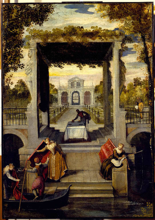 Veduta di una villa veneta con figure (dipinto) di Caliari Benedetto (attribuito) (sec. XVI)