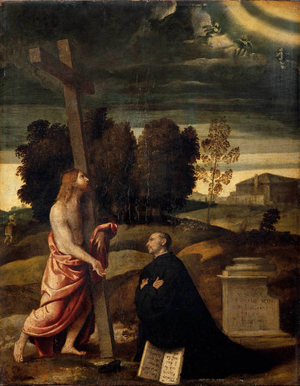 Cristo redentore con devoto (dipinto) di Bonvicino Alessandro detto Moretto (sec. XVI)