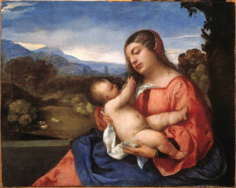 Madonna con Bambino (dipinto) di Vecellio Tiziano detto Tiziano (sec. XVI)