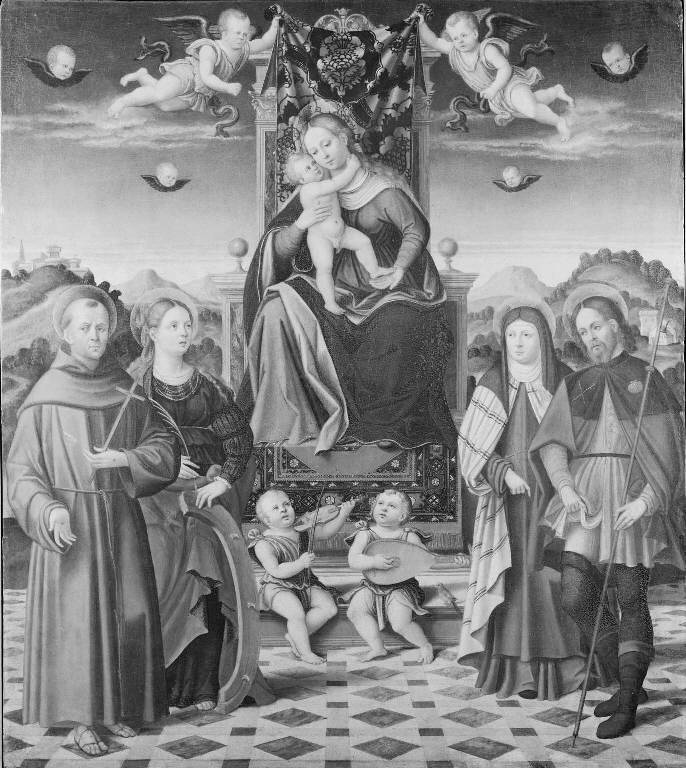 Madonna con Bambino in trono e santi (dipinto) di Galizzi Francesco detto Francesco da Santacroce (sec. XVI)