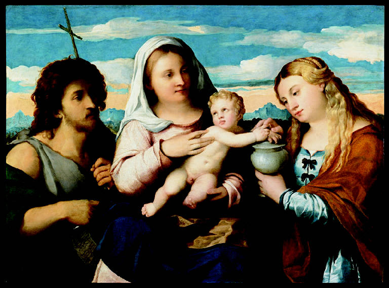 Madonna con Bambino tra san Giovanni Battista e santa Maria Maddalena (dipinto) di Negretti Jacopo detto Palma il Vecchio (sec. XVI)