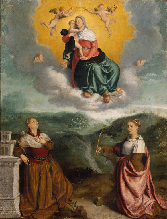 Madonna con Bambino tra Santa Barbara e Santa Caterina d'Alessandria (dipinto) di Moroni Giovan Battista (sec. XVI)