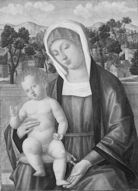 Madonna con Bambino in un paesaggio (dipinto) di Mansueti Giovanni (sec. XVI)