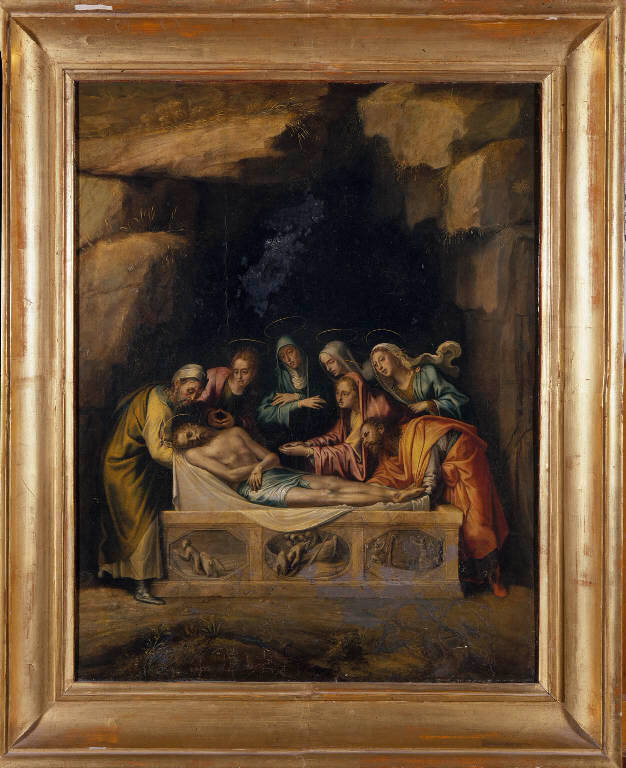 Deposizione di Cristo nel sepolcro, Giona inghiottito dalla balena, Giona rigettato dal ventre della balena (dipinto) di Kempeneer Pieter de detto Pedro Campaña (sec. XVI)