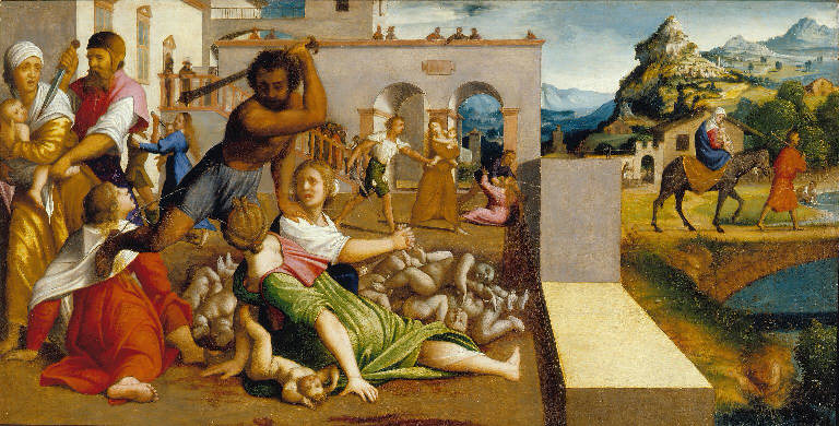 Strage degli innocenti e fuga in Egitto (dipinto) di Caroto Giovanni Francesco (sec. XVI)