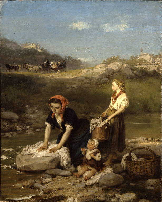 Povertà e ricchezza, Contrapposto sociale, Lavandaie e bambino al torrente (dipinto) di Scattola Domenico (sec. XIX)