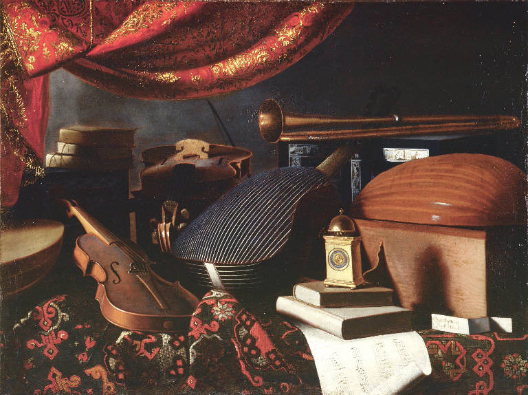 Natura morta con strumenti musicali e metronomo (dipinto) di Bettera Bartolomeo (sec. XVII)