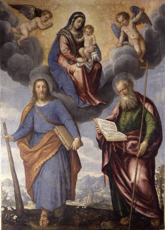 Madonna con Bambino in gloria con San Filippo apostolo e San Giacomo il Minore (dipinto) di Locatelli Rizzardo (sec. XVI)