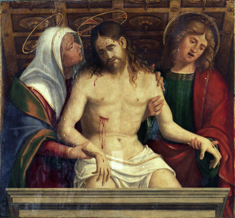 Cristo morto con la Madonna e San Giovanni Evangelista (dipinto) di Previtali Andrea (sec. XVI)