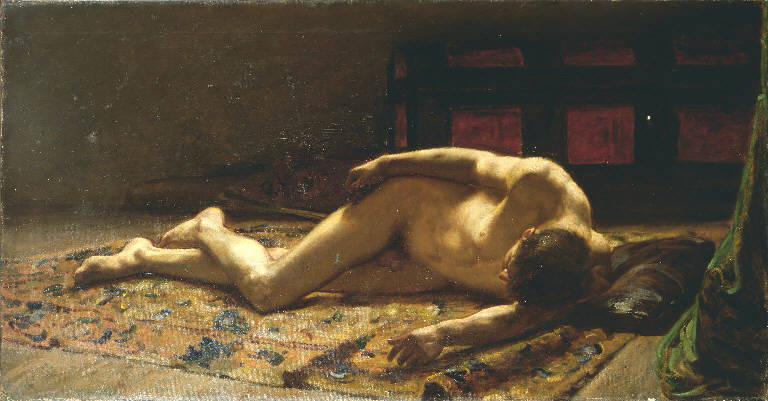 Uomo nudo disteso su un tappeto (dipinto) di Loverini Ponziano (sec. XIX)