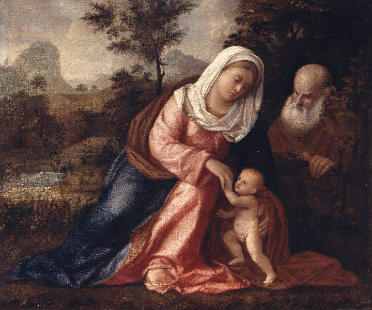 Sacra Famiglia in un paesaggio (dipinto) di Busi Giovanni detto Cariani (sec. XVI)