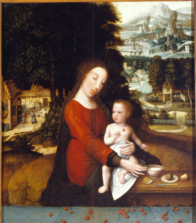 Madonna della pappa, Madonna con Bambino che mangia (dipinto) di David Gérard (scuola) (sec. XVI)